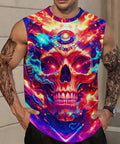 Men's Big And Tall 3D Flame Skull Graphic Tank Top Sleeveless Summer Muscle Tee worn by man with tattoos.