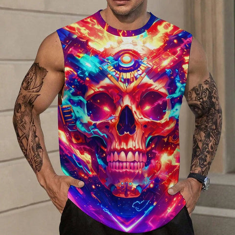 Men's Big And Tall 3D Flame Skull Graphic Tank Top Sleeveless Summer Muscle Tee worn by man with tattoos.