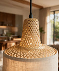 Close-up of milaruoro Pendant Light with Bamboo and Fabric Shade, Black Hanging Light Fixture for Kitchen Island, showcasing woven bamboo detail.