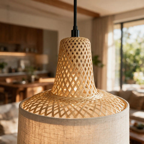 Close-up of milaruoro Pendant Light with Bamboo and Fabric Shade, Black Hanging Light Fixture for Kitchen Island, showcasing woven bamboo detail.