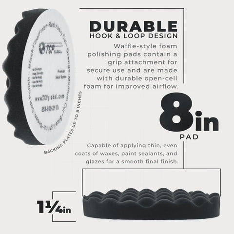 Side view of 8 Inch Black Waffle Foam Buffing Pad With Hook And Loop Backing Extra Fine Foam For Thin Wax Coats And Light Compound Work