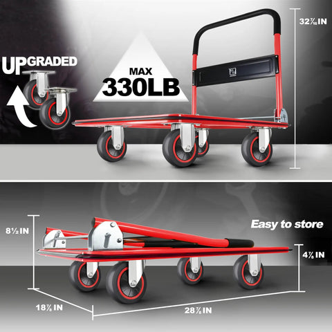 Heavy Duty Foldable Moving Dolly Flat Cart With Padded Grip Handle 330 Pound Capacity Compact Rolling Platform Designed Tough For Home Garage Hauling And No Sweat Moves