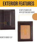 Premium Full Grain Leather Slim Bifold Wallet For Men In Rich Oil Tan Brown showing exterior features and magnetic money clip.