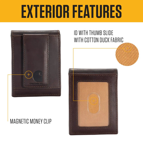 Premium Full Grain Leather Slim Bifold Wallet For Men In Rich Oil Tan Brown showing exterior features and magnetic money clip.