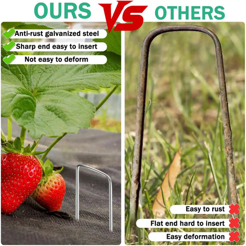 Comparison of heavy duty landscape stakes showing our anti-rust galvanized steel stake versus a rusty competitor's stake