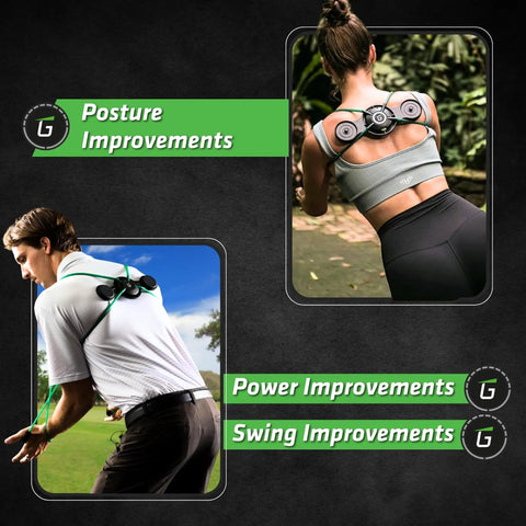 Individuals using TPro Green 2.0 Golf Swing Training Aid With Heavy Resistance And Coach Crafted Drills for posture and swing improvements.