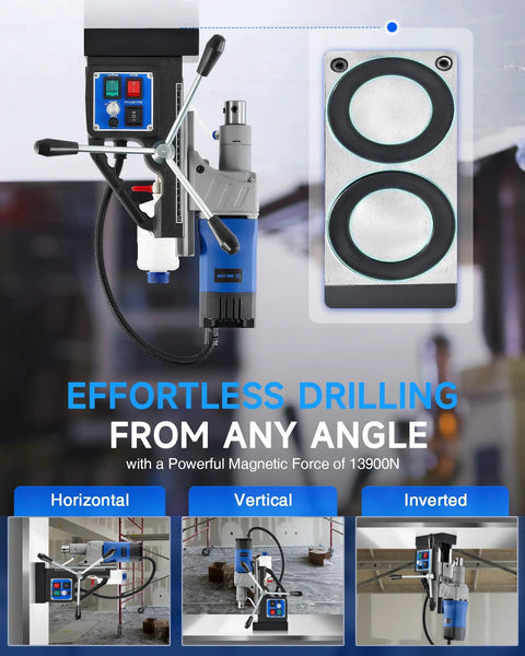 Beast 1550W Portable Magnetic Drill Press With 0-580 RPM Stepless Speed and 2 Inch Boring Diameter shown in various positions