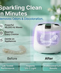 Ultrasonic Retainer Cleaner Pro With UV Light Rechargeable Dental Pod For Mouthguards Dentures And Aligners Three Cleaning Modes Quick Deep Gentle Tablets Included, before and after view