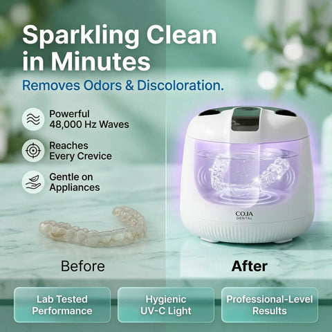 Ultrasonic Retainer Cleaner Pro With UV Light Rechargeable Dental Pod For Mouthguards Dentures And Aligners Three Cleaning Modes Quick Deep Gentle Tablets Included, before and after view
