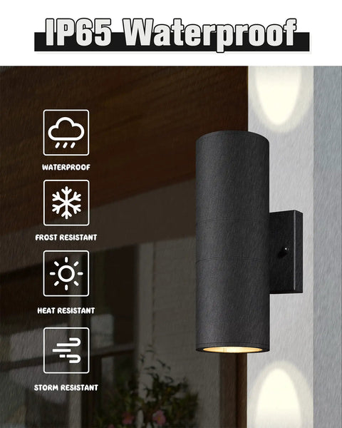 Dope Black Aluminum Outdoor Wall Sconce Lights Waterproof Exterior Lighting Fixtures showing cylindrical design on wall.