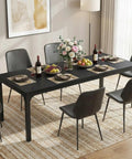 Extra Long Dining Table With Badass Steel Legs, Rectangle Kitchen Table And Dinner Spot Seats The Whole Squad Comfortably, modern black wood top with fruit and wine setup.
