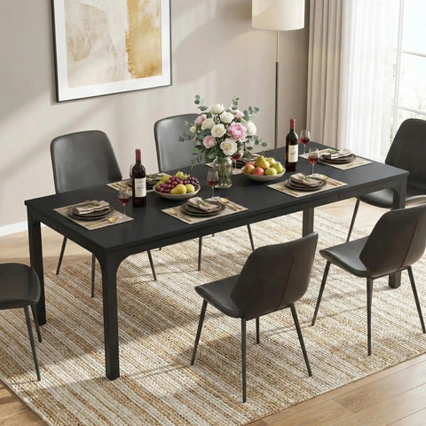Extra Long Dining Table With Badass Steel Legs, Rectangle Kitchen Table And Dinner Spot Seats The Whole Squad Comfortably, modern black wood top with fruit and wine setup.