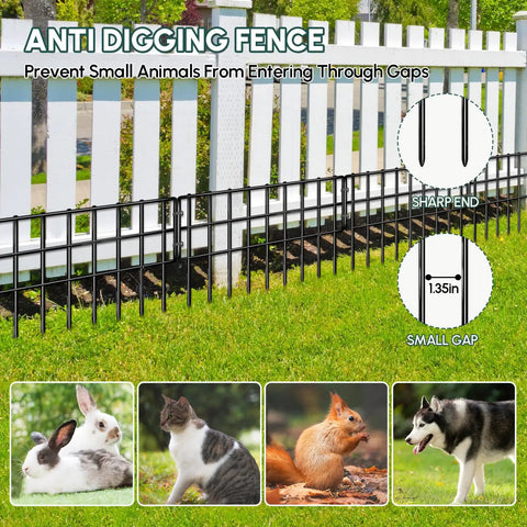 42.5 Ft Garden Fence Panels No Dig Fence For Dogs 30 Rustproof Metal Panels 13 Inch High Dog Safe Barrier beside a white fence