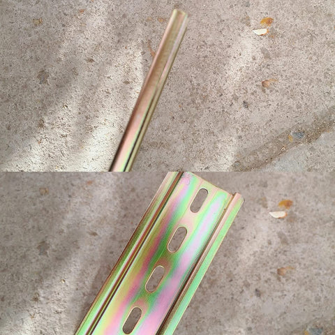 Side and slotted view of Four Pcs DIN Rail Slotted Design Steel Rail Mounts, 200Mm Long, 35Mm Wide, 7.5Mm High, Galvanized, 4 Pack.