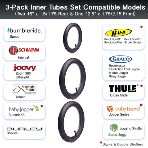 3-Pack Inner Tubes Set with included models and stroller brand compatibility, featuring different tube sizes and brands.