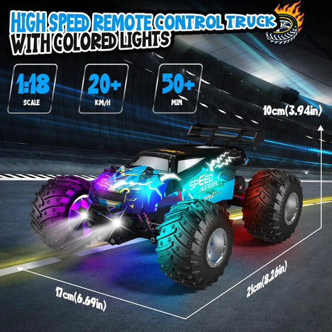 Blue all terrain remote control monster truck for boys 2.4GHz RC car with LED body lights dual rechargeable batteries high speed up to 20 kmh 12 mph tough off road toy on pavement at night