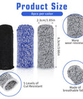24 Pack Finger Cut Resistant Protector Gloves Plus Finger Cots Set, size 6.3cm x 2.3cm, in black, blue, gray, breathable fabric.