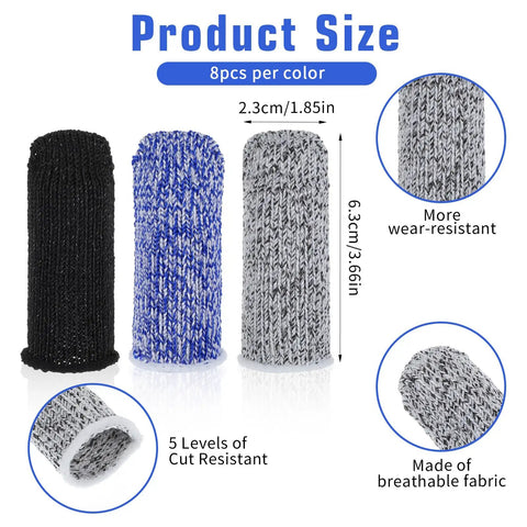 24 Pack Finger Cut Resistant Protector Gloves Plus Finger Cots Set, size 6.3cm x 2.3cm, in black, blue, gray, breathable fabric.