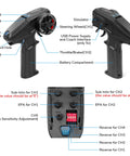 6 Channel Mini RC Radio Transmitter with 2 4 GHz Link and X6FG Gyro Receiver showing controls and settings