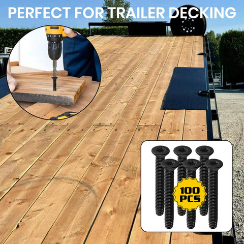 Beefy Heavy Duty Trailer Deck Screws 1/4-20 By 2-1/2 Inch Flat Head Type F Self-Tapping Screws shown installed on wooden decking