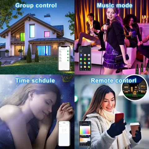 Collage showing 12 Inch WiFi Smart LED Ceiling Light Dimmable 2700K To 6500K And RGB Mood Lighting in various uses and controls