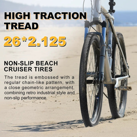 Side view of bike on beach with 26 Inch Cruiser Bike Tire Set 2 Pack With Puncture Resistant Replacement Tires Inner Tubes And Tire Levers