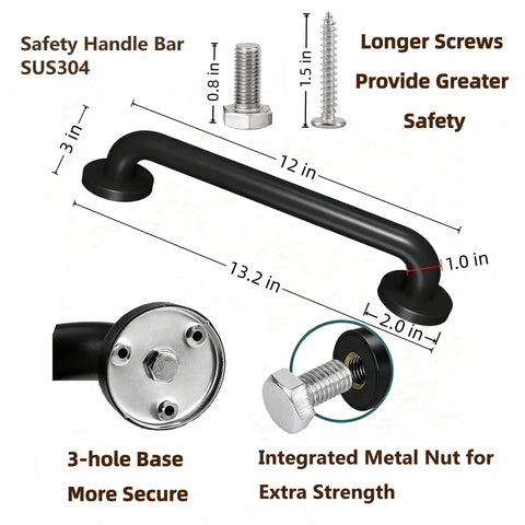 Tough As Nails Wall Mount Grab Bars 12 Inch 2 Pack In Matte Black 304 Stainless Steel Supports Up To 500 Lbs showing dimensions and mounting details.