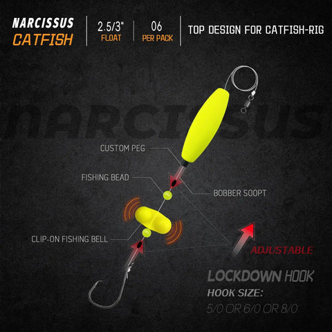 Detailed view of Catfish Rig Set With 6 Pre Tied Rigs 2 Sinker Sliders And 2 Ounce Pyramid Sinkers Circle Hooks Size 6 Zero Santee Rig Complete Ready To Use Tackle Kit featuring custom peg and adjustable clip-on fishing bell.