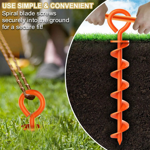 Corkscrew ground anchor in use, steel with orange wind rope, part of Beefy Heavy Duty Canopy Tent Stakes And Dog Tie Out Stakes Set.