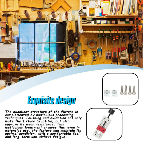 Compact 50mm Mini Vise Aluminum Table Clamp for drill press with workshop backdrop showing tools and design features.