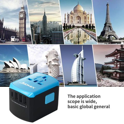 Universal USB Travel Power Adapter With Quad USB Ports And Type C For Worldwide Charging All In One International Wall Charger in black and blue, with global landmarks background.