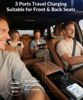 Passengers using 70W PD 3.0 3-Port USB C Car Charger With 3ft Cable Fast Charge for iPhone in vehicle.