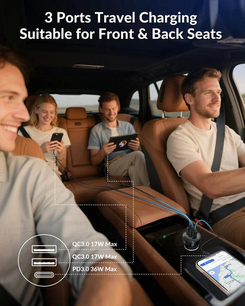 Passengers using 70W PD 3.0 3-Port USB C Car Charger With 3ft Cable Fast Charge for iPhone in vehicle.