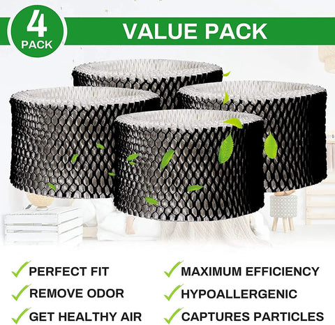 4 Pack HWF62 Humidifier Filter Compatible With Holmes And Sunbeam Humidifiers displayed with value pack label and features