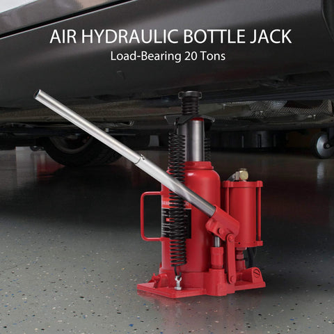 Front-left view of red 20-ton air-hydraulic bottle jack with long pump handle under a vehicle
