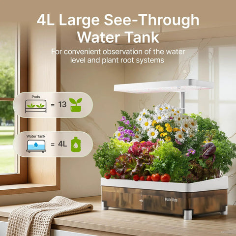 Indoor Hydroponics Growing System Kit With 13 Pods Dimmable Grow Light Four Liter Visible Water Tank in kitchen setting