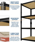 Beefy Four Tier Garage Storage Shelves With 2560 Lb Capacity 640 Lb Per Shelf 48 Inches Wide 24 Inches Deep 60 Inches High Heavy Duty Steel Frame And Thick MDF Shelves For Tools Bins And Bulk Storage close-up of steel frame, support beams, and 5.8mm shelf panel