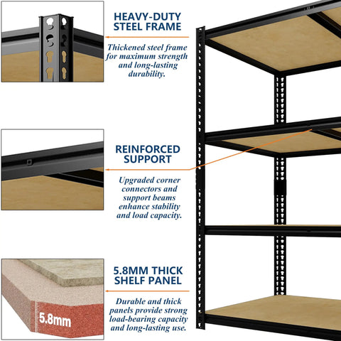 Beefy Four Tier Garage Storage Shelves With 2560 Lb Capacity 640 Lb Per Shelf 48 Inches Wide 24 Inches Deep 60 Inches High Heavy Duty Steel Frame And Thick MDF Shelves For Tools Bins And Bulk Storage close-up of steel frame, support beams, and 5.8mm shelf panel