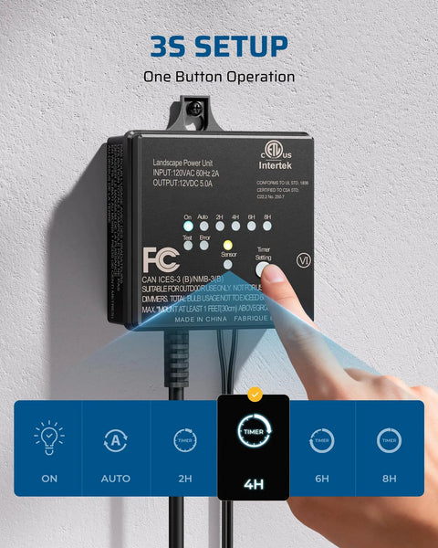Outdoor Low Voltage Transformer 60W 120V AC To 12V DC With Dusk To Dawn Sensor timer close-up showing button operation