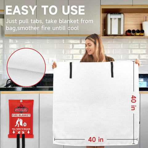 Woman demonstrating Emergency Fire Blanket For Home And Kitchen 40x40 Inch Fireproof Fiberglass Flame Retardant Safety Shield with detailed view of fabric.