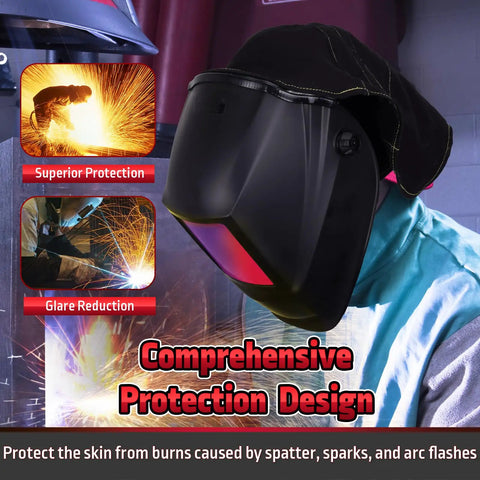 Welding Hood Cover With Extended Wraparound Neck Protector FR Cotton Rear Cover With Press Fit Seal Keeps Your Neck Safe While Shielding Back Of Head Fits Most Helmets Reduces Spatter Sparks And Glare in use, close-up view.