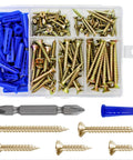 150 Piece Yellow Zinc Self Tapping Wood Screws With Flat Head Drywall Plastic Anchors Kit in storage box with screw driver.