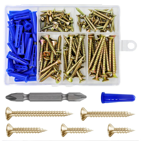 150 Piece Yellow Zinc Self Tapping Wood Screws With Flat Head Drywall Plastic Anchors Kit in storage box with screw driver.