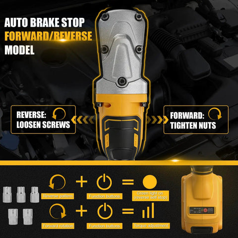 Heavy Duty Right Angle Impact Wrench Compatible With Dewalt 20V Max Cordless showing auto brake stop features in close-up view.