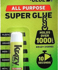 Packaging of Krazy Glue All Purpose Super Glue 2 g tube with details on bonding materials like plastic, ceramic, and metal.