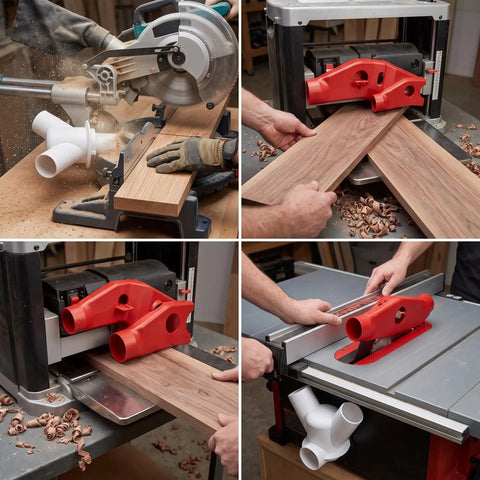 Heavy Duty Red Dust Hood For Machinery And Automatic Dust Collection Systems used on table saw and planer, efficiently capturing sawdust.