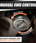 Pair Of Premium Manual Locking Hub Set For 1982 1996 Ford F150 And Bronco Front Hubs Replacing OEM Manual And Automatic Hubs Includes Hardware Requires 95 32720 Conversion Kit For Tough Off Road Traction And Direct Axle Connection, manual 4WD control label.