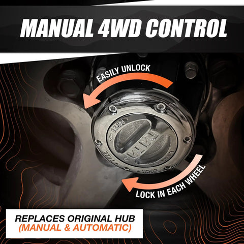 Pair Of Premium Manual Locking Hub Set For 1982 1996 Ford F150 And Bronco Front Hubs Replacing OEM Manual And Automatic Hubs Includes Hardware Requires 95 32720 Conversion Kit For Tough Off Road Traction And Direct Axle Connection, manual 4WD control label.