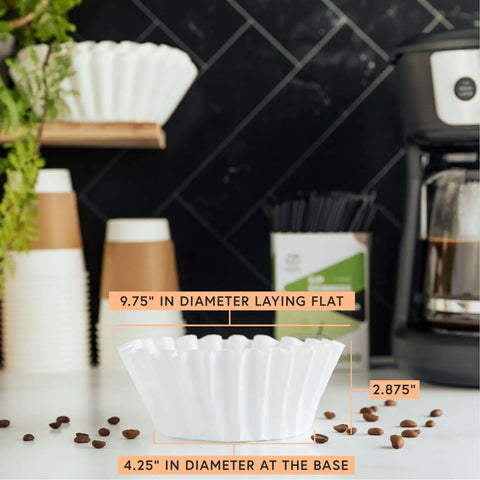 Bulk 12 Cup Coffee Filters Tall Walled Prevent Grounds Overflow, 9.75 x 4.25 Inches, shown with coffee maker and accessories