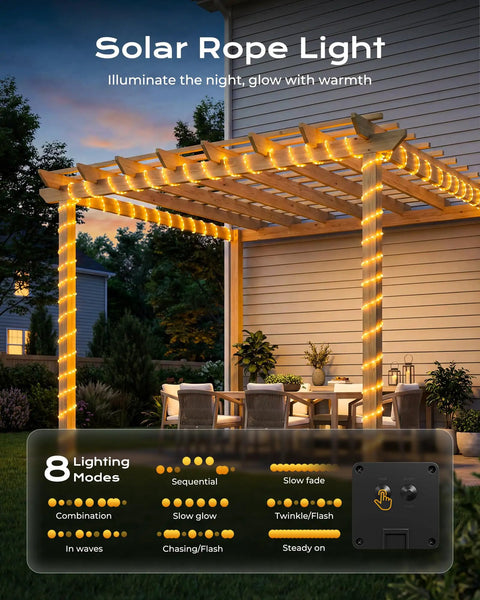 2 Pack Solar Rope Lights 78Ft Total 200LED Warm White Outdoor String Lights IP65 Waterproof Solar Powered Fairy Lights With 8 Lighting Modes To Deck Out Your Yard Garden Patio Tree Decor wrapped around a pergola